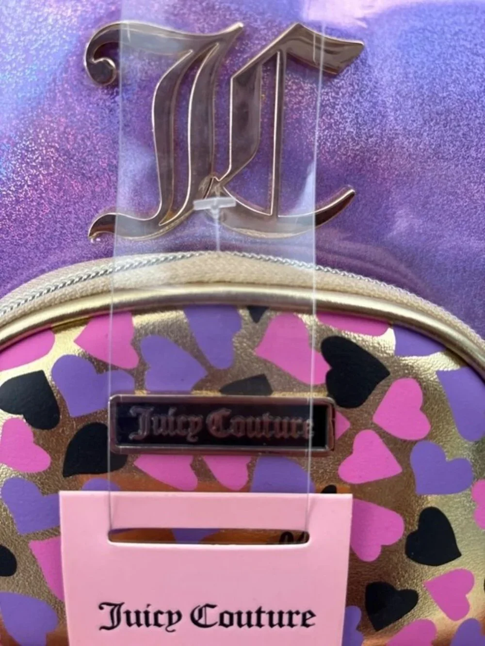 Juicy Couture Holographic Purple & Gold Heart Cosmetic Bag Set